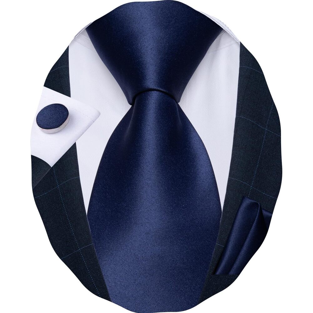 9013 Satin Navy Tie and Pocket Square Cufflinks Set Business Formal